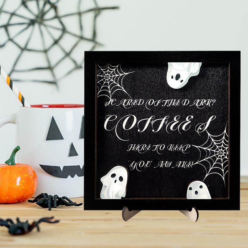 Halloween Wooden Ghost Photo Frame - Spooky Kid's Tabletop Decor with Themed Poster, Party Atmosphere Decorative Ornament
