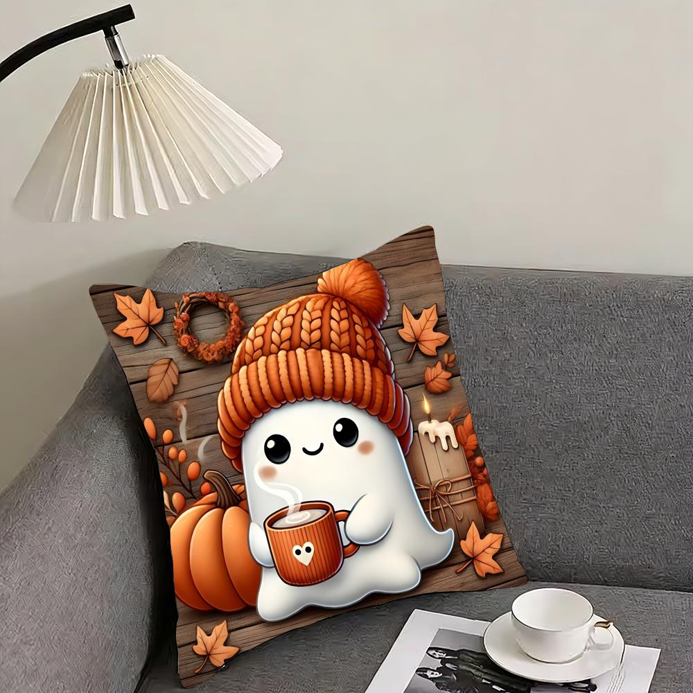 Cute Ghost with Pumpkin Cushion Cover Reversible Plush Pillow Cover – For car, sofa, bedroom, perfect as a gift.