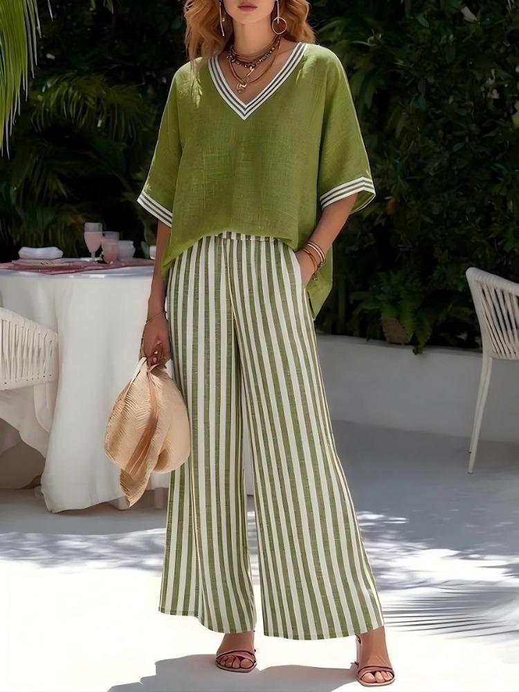 

Women s Pink V-Neck Short Sleeve Top and Striped Wide Leg Pants Set XXXL зелений