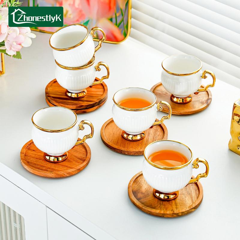 6Pcs European Style Luxury Mini Ceramic Coffee Cups with Wood Dish Gold Edged Mug Afternoon Tea Cup Set Household Drinkware