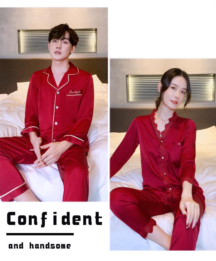2024 Spring-Fall Ice Silk Couple Pajamas Set: Sexy Women's Long Sleeve & Men's Thin Korean Style Summer Sleepwear.