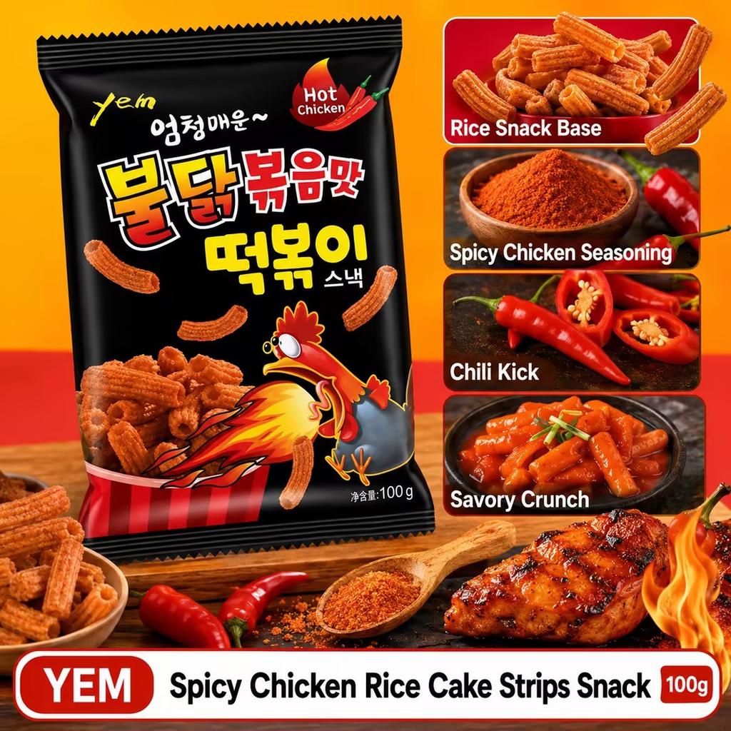 Snack YEM Tiras de Pastel de Arroz de Pollo Picante 100g | Rico sabor a pollo picante, textura crujiente inflada, forma de tira masticable