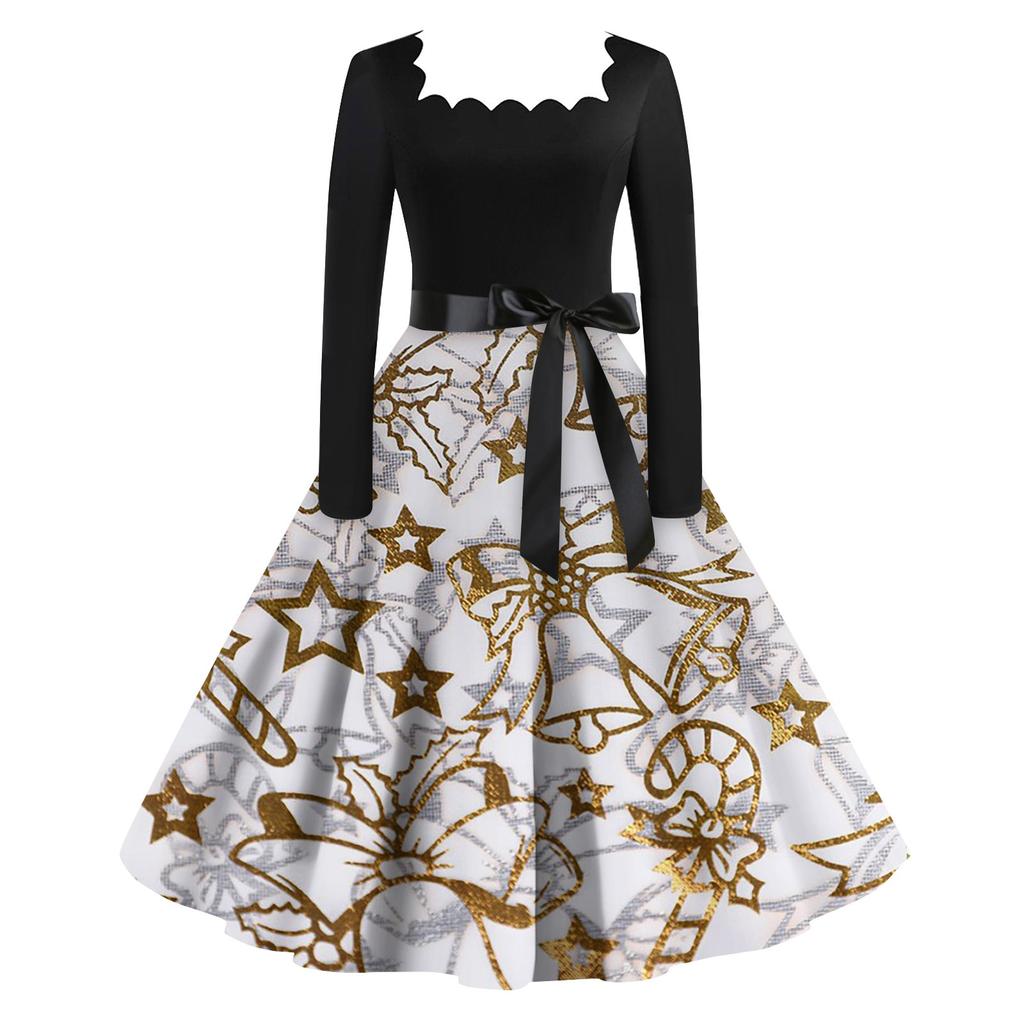 Women's Fashion Vintage Long Sleeve Square Neck Christmas Printed Evening Party Dresses Dresses