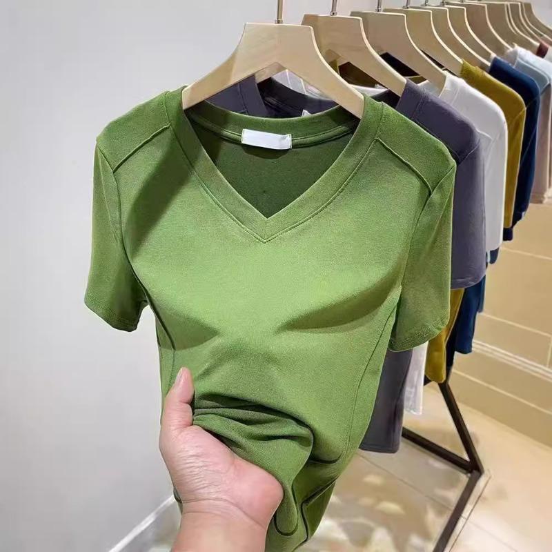

Однотонная футболка с V-образным вырезом, открытыми плечами и косточками, с короткими рукавами, летняя базовая футболка, футболка с короткими рукавами для женщин, рубашка 2XL трава зеленый