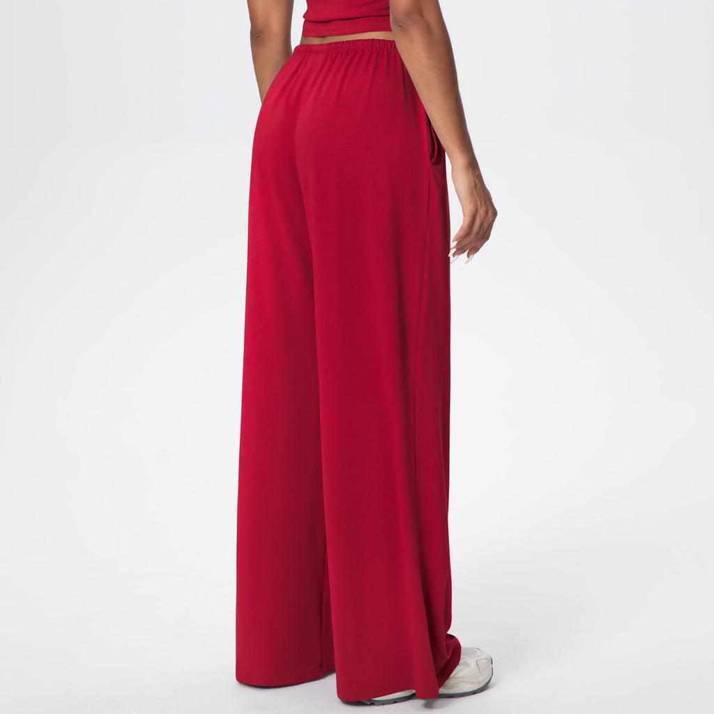 Women's Wide-Leg Brushed Fleece Pants with Drape Pockets and Elastic Drawstring