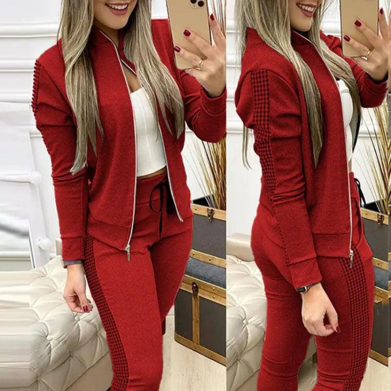 

Женская Мода Повседневный Весенний Осенний Клетчатый Принт Лонгслив Брюки Костюмы XL бордовый