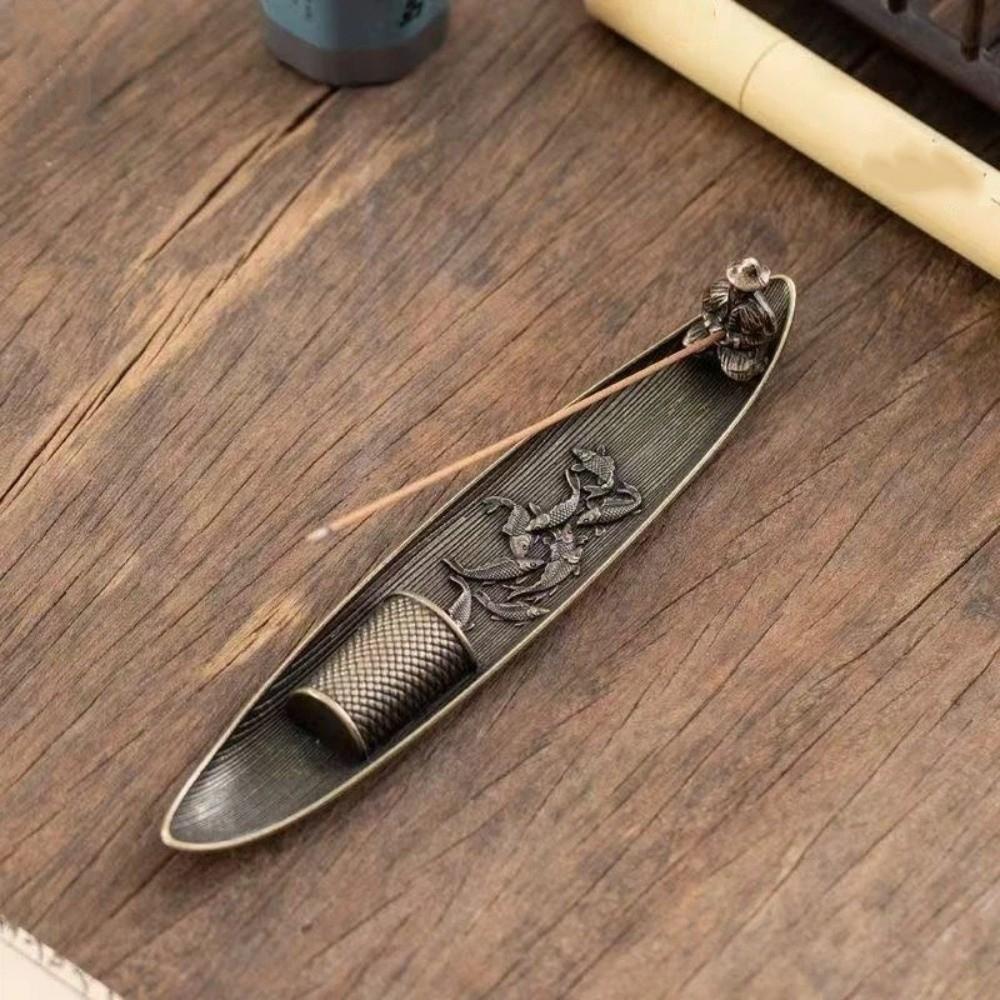 Ancient Style Boat Shape Incense Holder Old Men Fishing Metal Incense Burner Traditional Sturdy Incense Censer Tea Room
