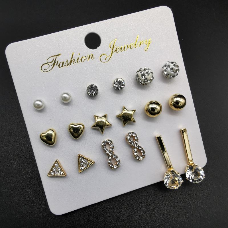 

Rhinestone Earring Set: Triangles, Figures-8, Hearts & Stars - 9 Pairs золотий