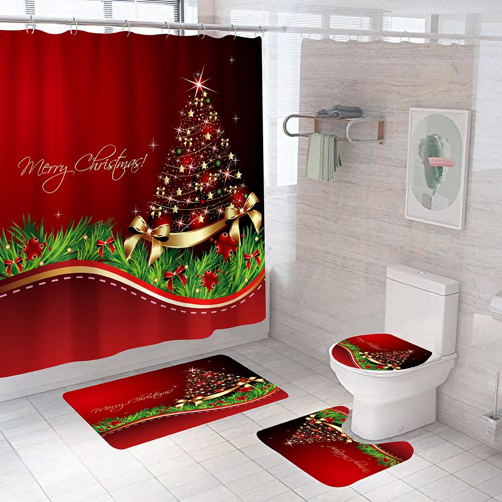 Christmas Tree Bathroom Set Shower Curtain Set Waterproof Santa Claus Anti-Skid Rugs Toilet Cover Bath Curtains Set With Hooks