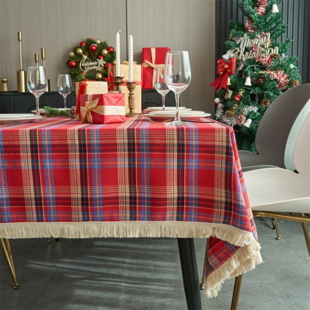 Vintage Red Green Checkered Tablecloth Christmas Plaid Square Table Cover with Fringe for Party Dining Decor