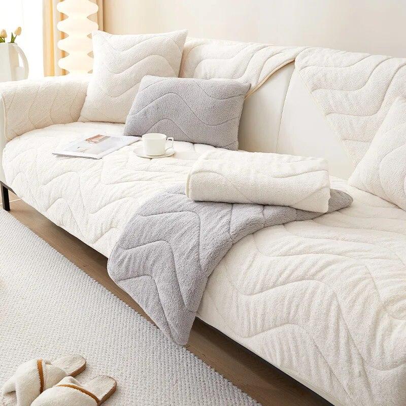 Nordische Patchwork Wellen Sofaüberzug Rutschfest Dickes Plüsch Sofa Kissenmatte für Wohnzimmer Ecksofa Heimdekoration