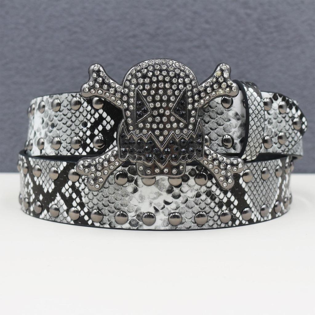 Unisex Y2K Rhinestone Skull Punk Belt with Rivet and Python Skin Design