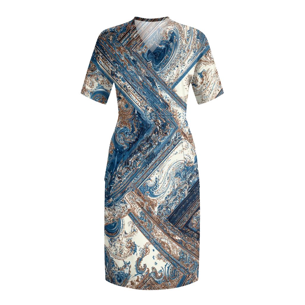 Summer Plus Size V Neck Short Sleeve Knee Pocket Print Casual Dress For Women