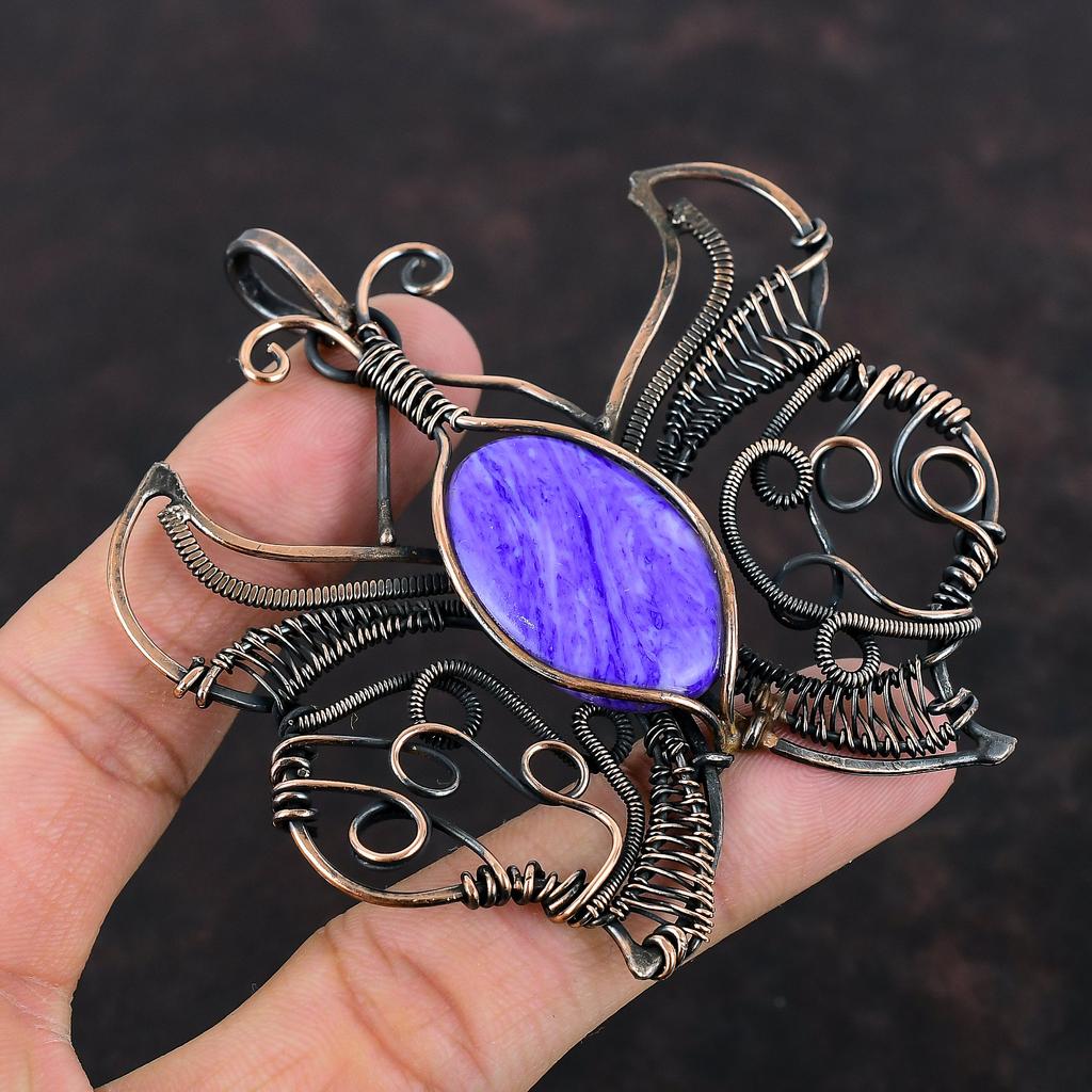 Charoite Pendant Copper Wire Wrapped Pendant Natural Gemstone Jewelry Handmade Butterfly Pendant Beautiful Copper Wire Jewelry Gifts For Mom