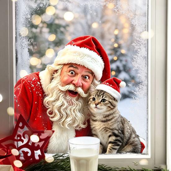 Static Cling Window Film Christmas Sticker, Santa Claus And Cute Kitten PVC Easy Apply Murals Decal, Waterproof Reusable Glass for Storefront