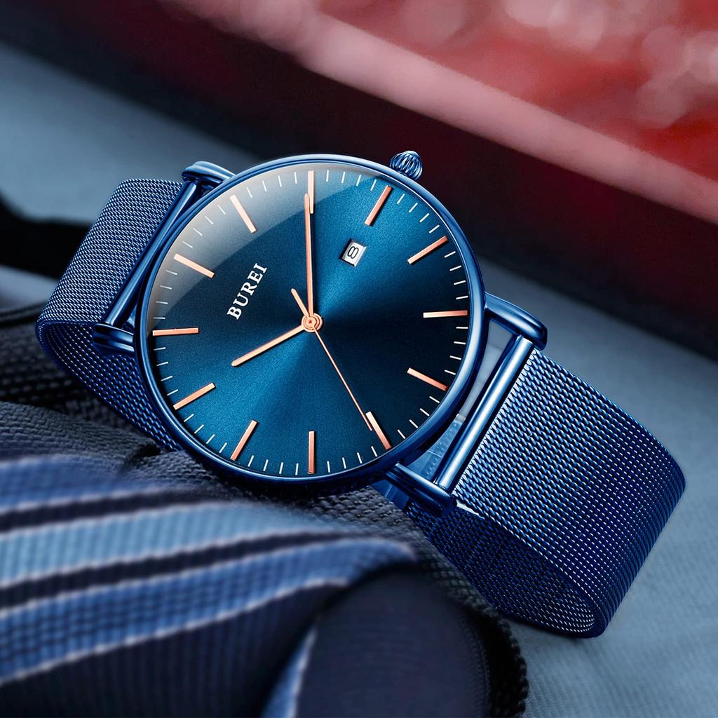 BUREI Men's Minimalist Waterproof Analog Wristwatch Milanese Mesh Band Stylish Date Blue