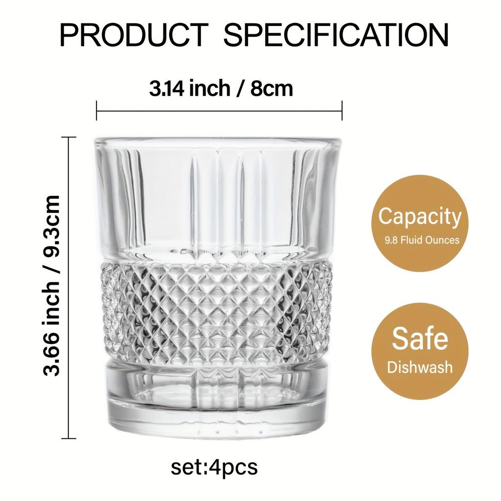 Elegant 4-Piece Embossed Crystal Glass Set – Perfect for Whiskey Cocktails & More Ideal Wedding Gift Multi-Use & Reusable