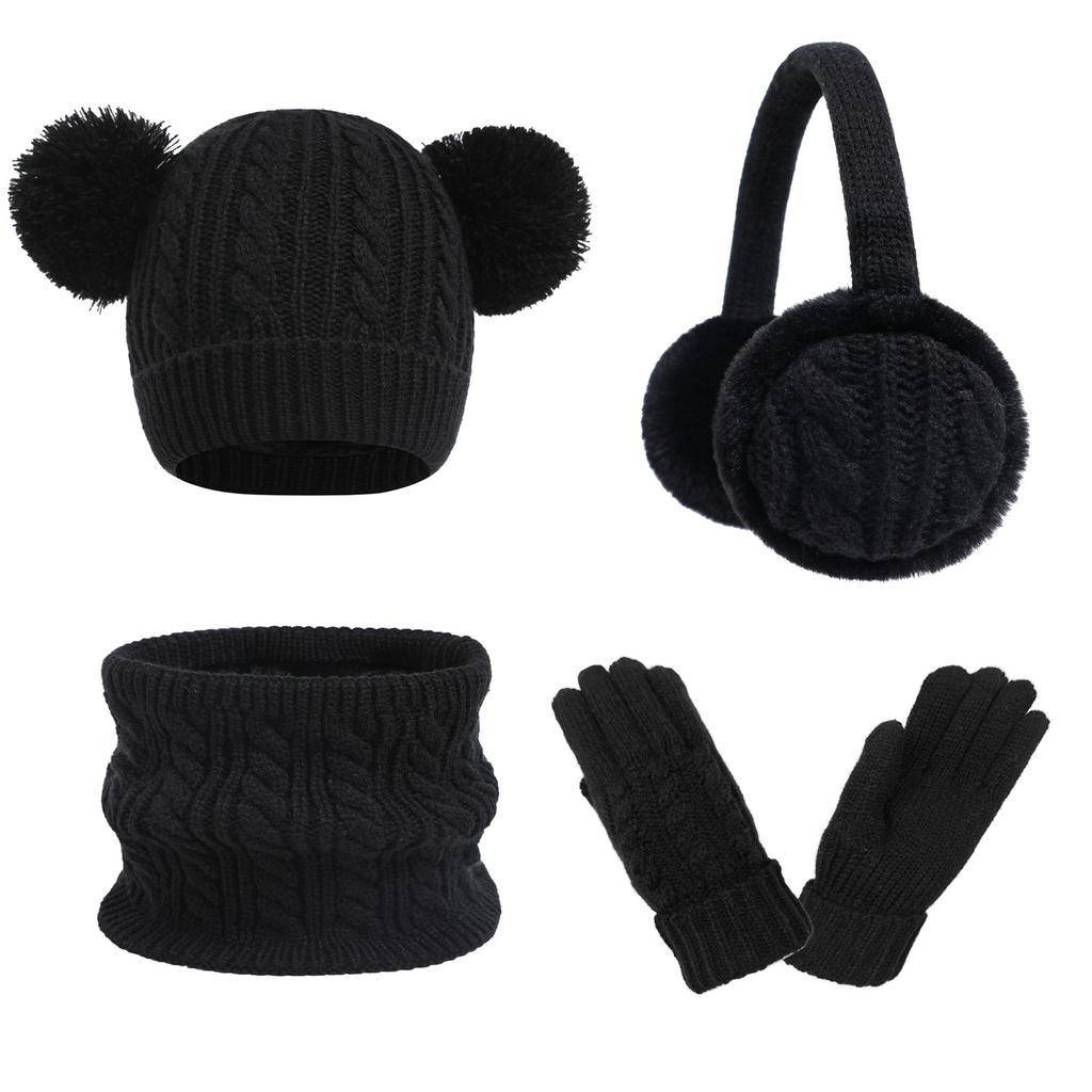 4Pcs/Set Kids Winter Hat Scarf Gloves Ear Warm Set Children's Unisex Fleece-lined Thickened Beanies Windproof Scarf