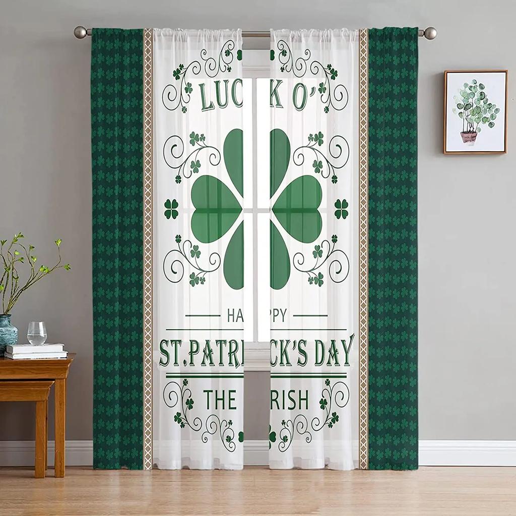 St Patrick Day Clover Lucky Leaves Voile Curtain Living Room Bedroom Kitchen Window Decor Tulle Chiffon Curtains Sheer Polyester Ideal For Area