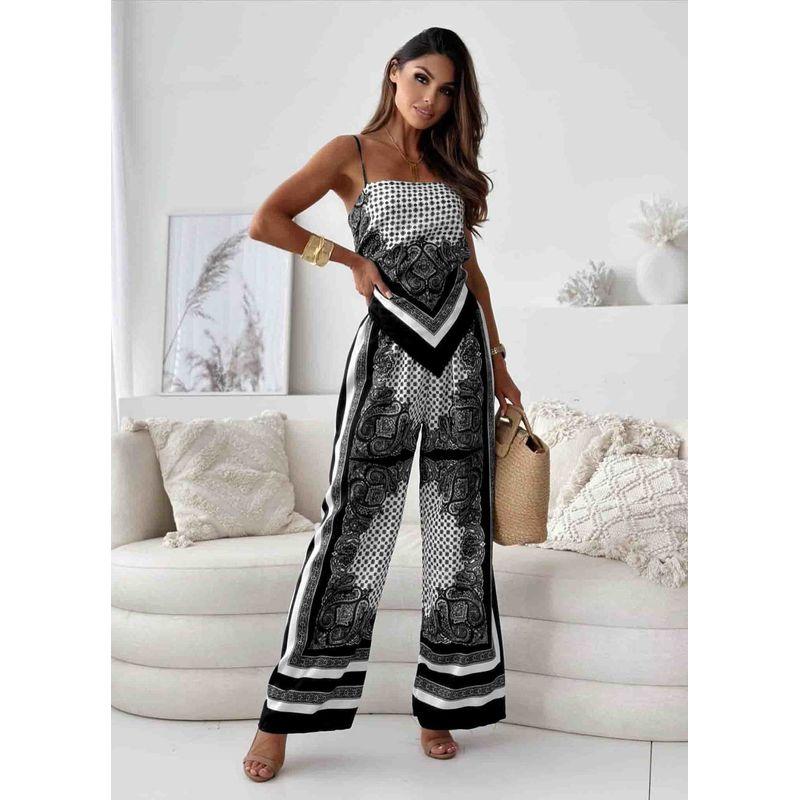 Summer European and American off-Neck Sexy Backless Print Sling Wrap-around Elastic Waist Positioning Flower Trousers Two-piece Suit Women