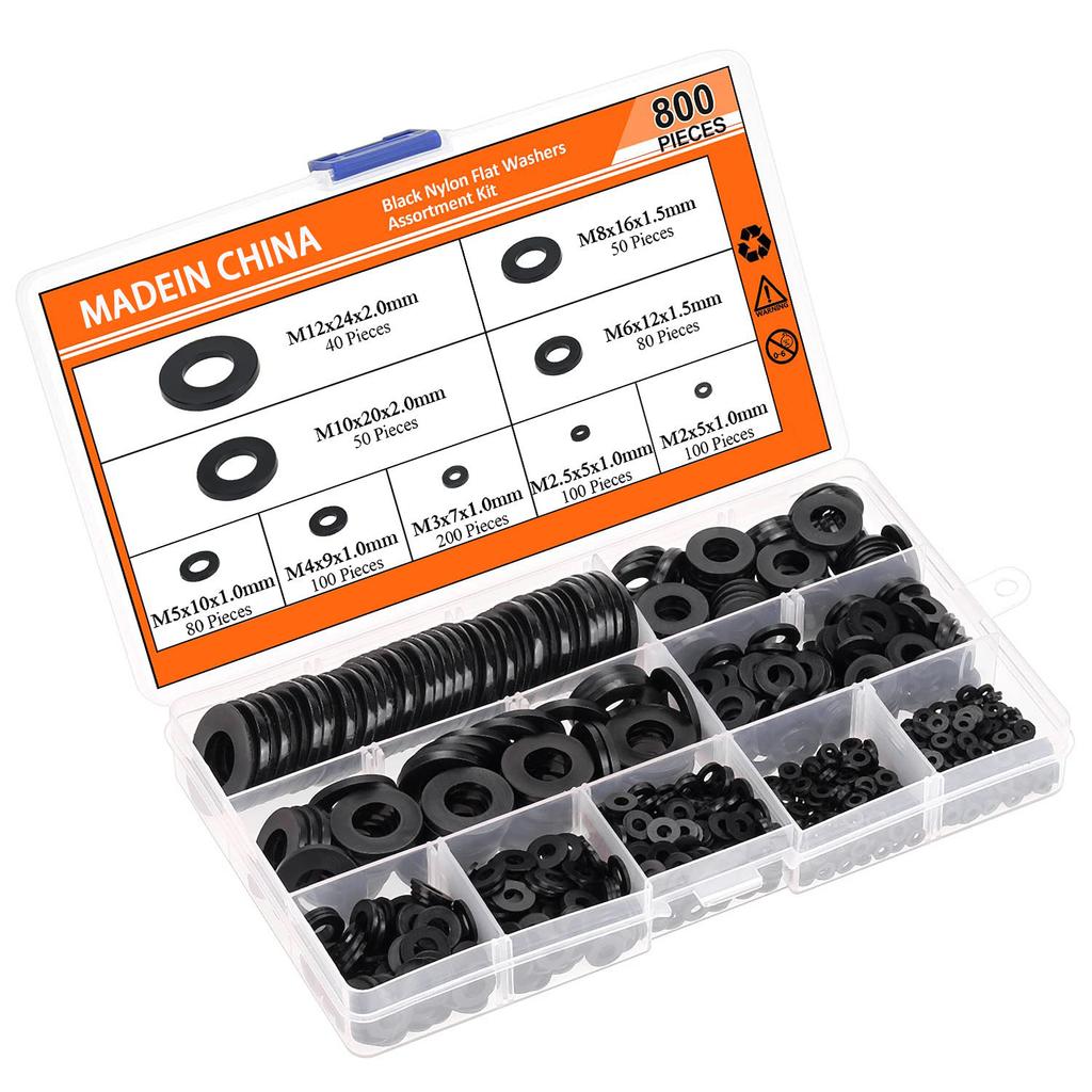 800 Stück Schwarzes Nylon Flache Unterlegscheiben Set PA66 Flache Unterlegscheibe M2M2.5M3M4M5M6M8M10M12 Box