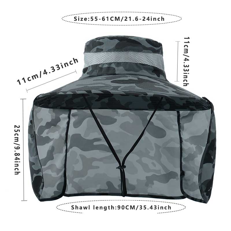 Outdoor Activity Camouflage Bucket Hat with Removable Shawl Unisex Summer Large Brim Sun Hat Water Resistant Quick-Drying Hiking Fishing Hat