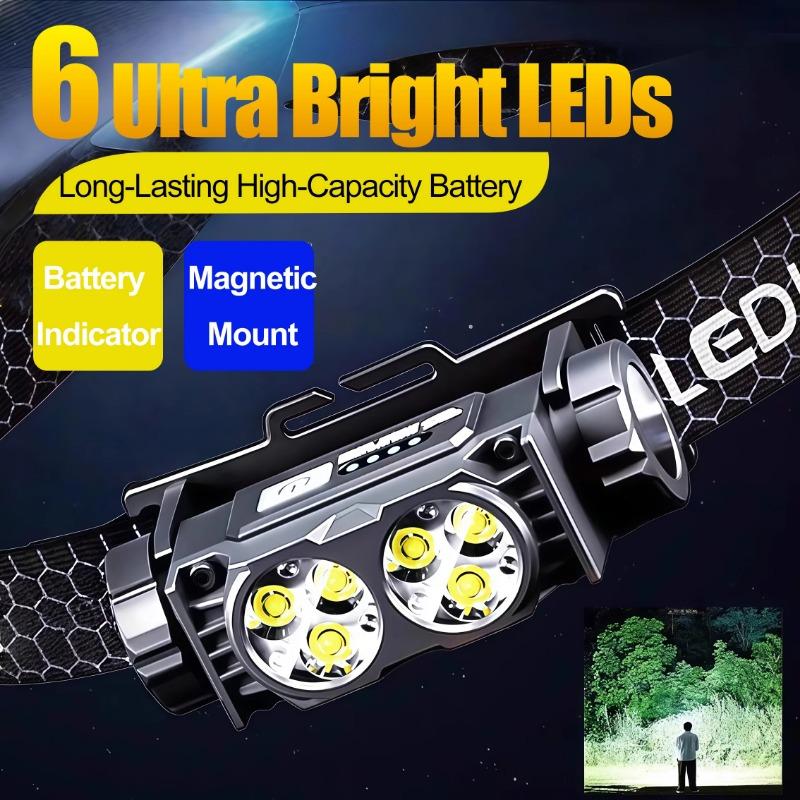 Rechargeable LED Headlamp Super Bright 6 Core 109g Lightweight Hands Free for Outdoor Fishing Camping Mining Long Running Time