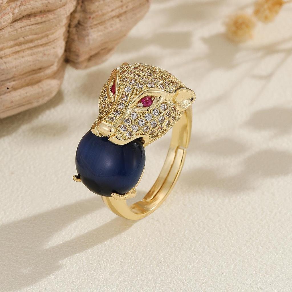 Leopard Head Copper Material Inlaid Zircon Open Ring, Luxurious And Simple Ins Series, Suitable For Women'S Banquet Parties