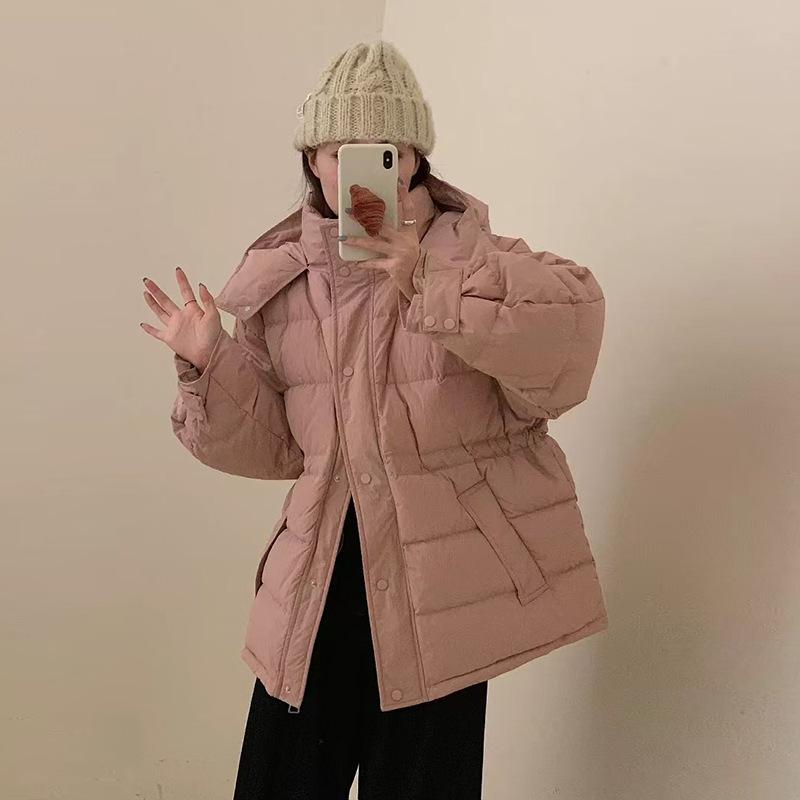 

Waist down jacket women s medium and long 2024 winter fashion hooded sweet thickened white duck down slim coat S рожевий