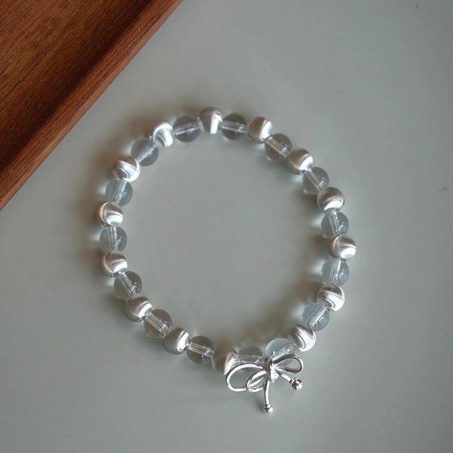 Elegant Women's S925 Sterling Silver Cat's Eye Bow Bracelet with White Crystal Spacer