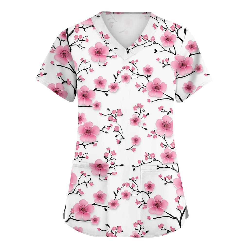 Damen Modische V-Ausschnitt Arbeitskleidung Bedruckt Kurzärmlig Tasche Seitenschlitz Arbeitskleidung Basic Pullover Top