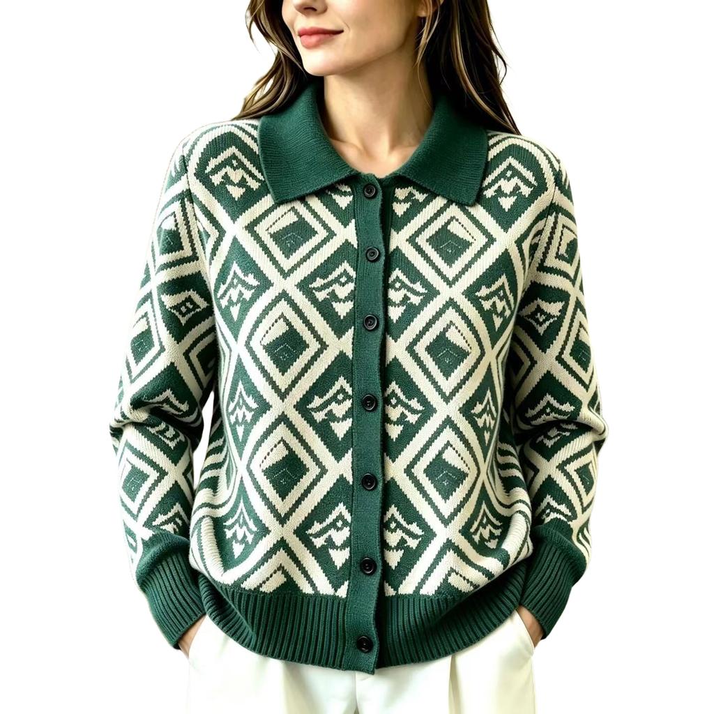 Women's Casual Loose Fit Plaid Cardigan Sweater with Collar Long Sleeve Fall Winter
