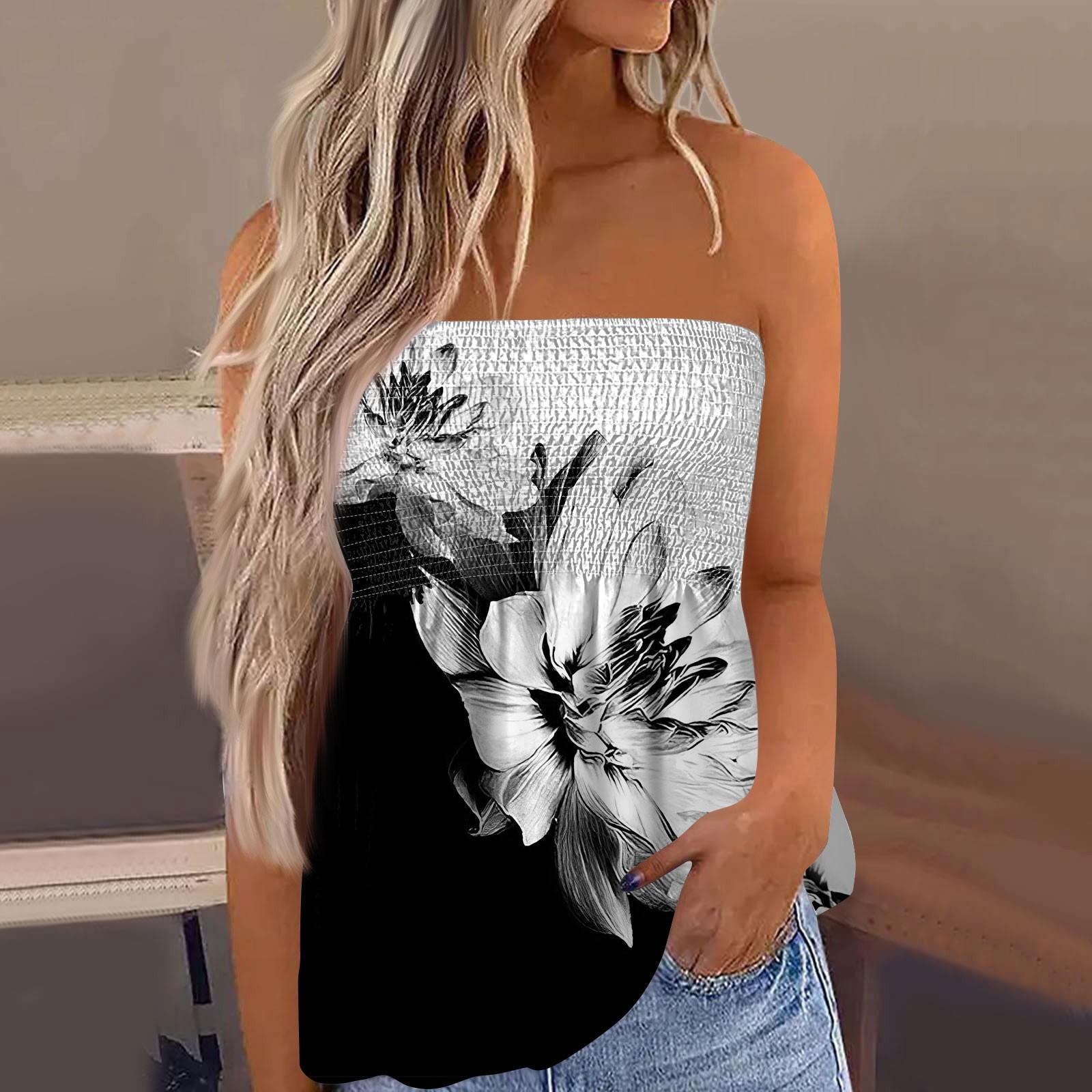 

2024 топы для женщин, милая сексуальная футболка без рукавов с открытыми плечами и цветочным принтом L чёрный