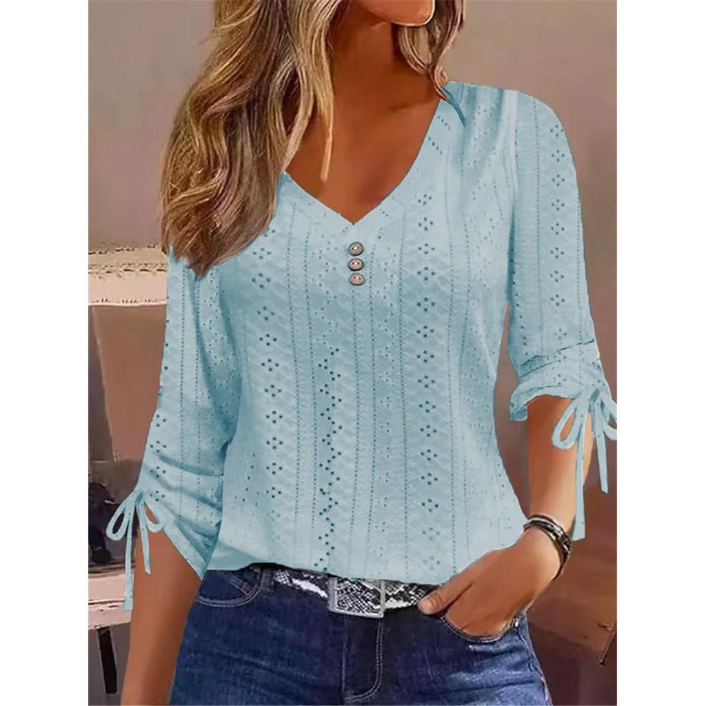 Women's Solid V-Neck Jacquard Button-Down Long Sleeve T-Shirt