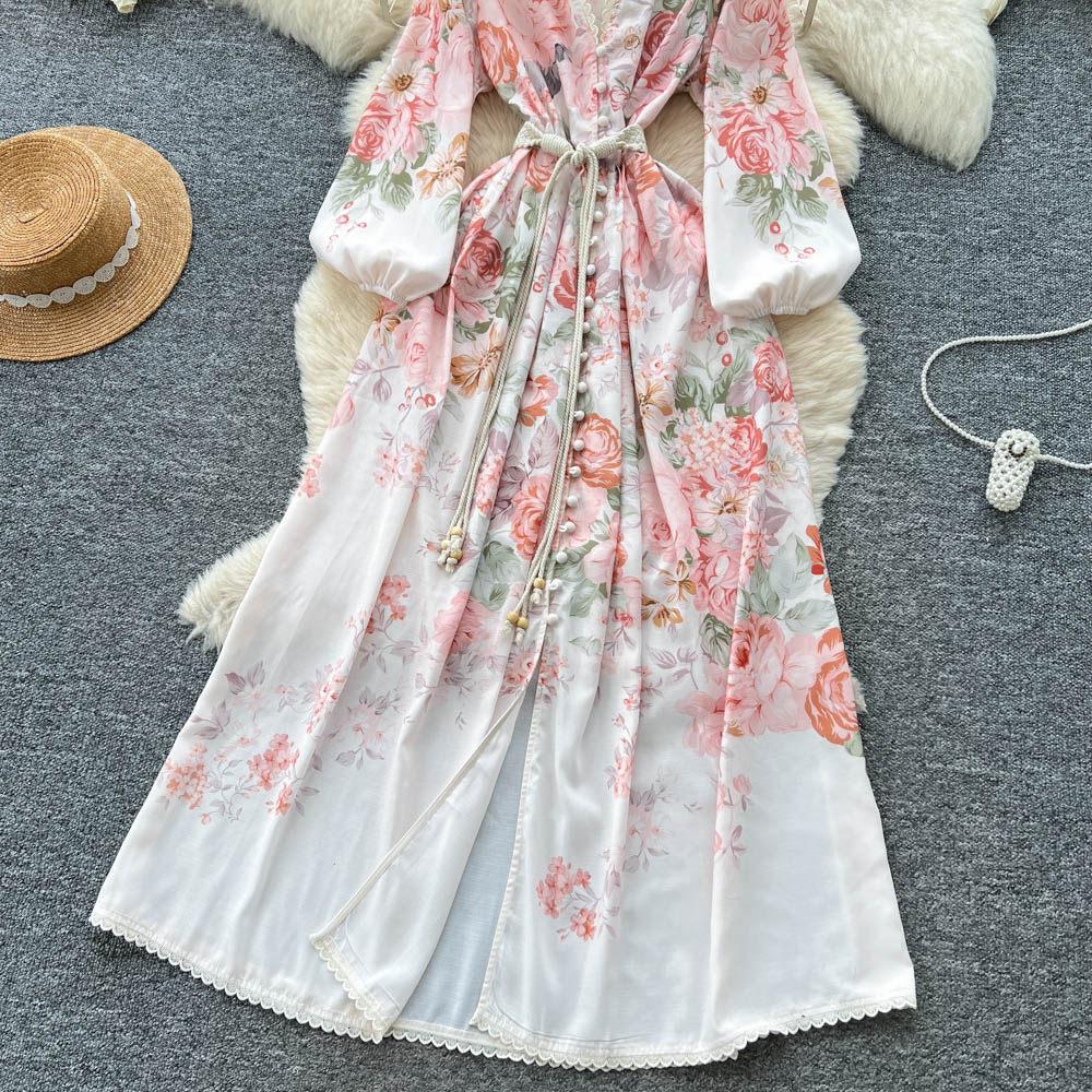 Spring Bohemian Floral Maxi Dresses for Women Runway Cross V-Neck Long Lantern Sleeve Sashes Beach Holiday Dress Boho Robes