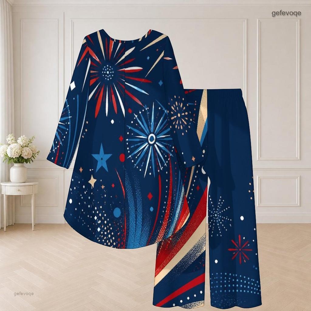 Damen Übergröße Rundhals Langarm Bedrucktes High-Low-Top Weite Hosen Zweiteiliges Set