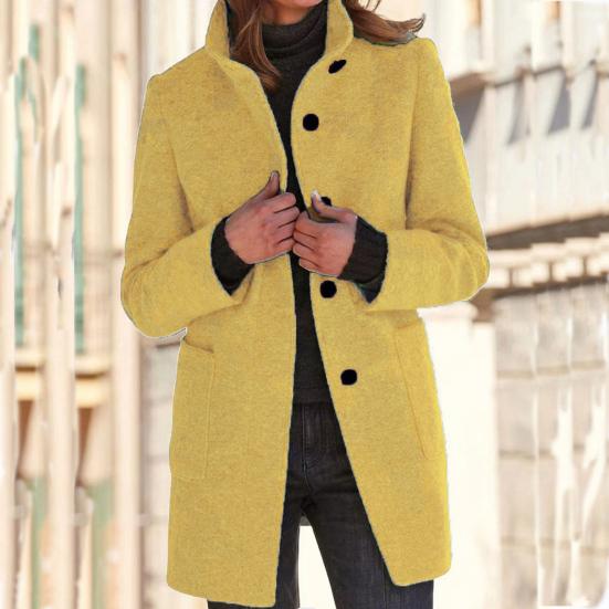 Women Winter Overcoat Single-breasted Retro Stand Collar Long Sleeves Buttons Cardigan Mid Length Spring Autumn Outdoor Woolen Coat