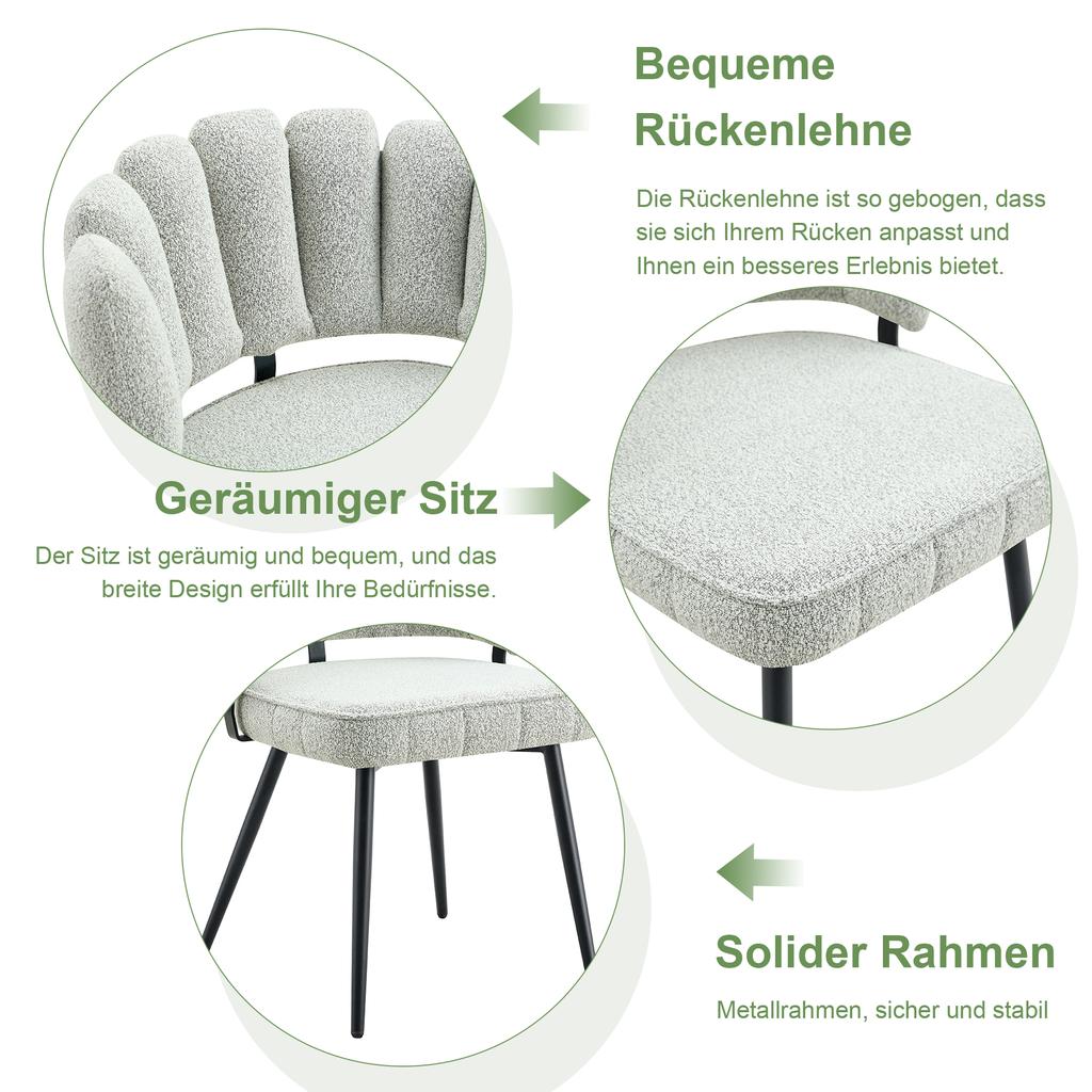 Tisch- und Stuhlset. Runder Esstisch 107 cm in Nussbaumoptik, doppelte Stauraumfunktion + 2 cremefarbene graue Stoffstühle mit blumenförmiger Rückenlehne aus Bouclé.