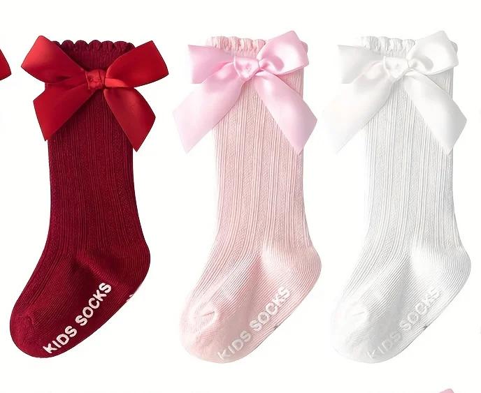 3 Paar Kinder Mädchen Königlicher Stil Schleife Kniehoch Netzstrümpfe Baby Kleinkind Schleife In Röhrensocken. Kind Hohlmuster Socken