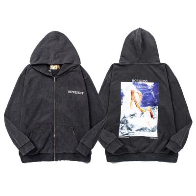 24SS Vintage Vieux High Street Américain REPRESENT Muse Océanique Peinture à l'Huile Sweat à Capuche Ouvert sur le Devant Hoodie