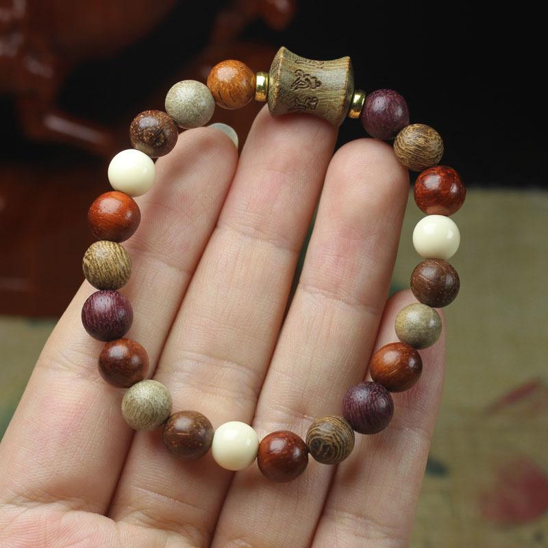8mm Multi-Color Sandalwood Bead Bracelet Black Ebony Six-Word Motto Barrel Beads Buddhist Prayer Beads