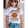 European Size Girls Round-neck Short-sleeved T-shirt with Cartoon Pumpkin and Colorful English Pattern Print