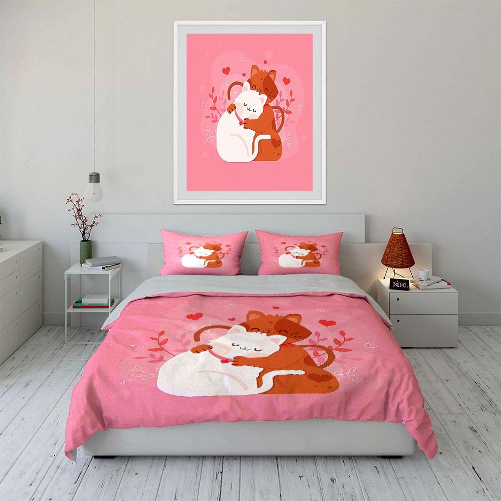 Cute Cats Hug with Hearts Bedding Duvet Cover Set Duvet Cover Pillowcases (1*Duvet Cover 2*Pillowcases, without duvet insert)