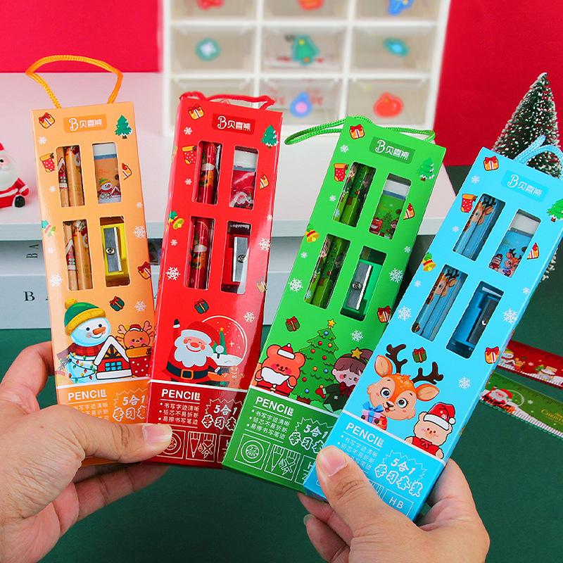 5 Pcs Christmas Stationery Set Kids Cartoon Pencil Set Rubber Pencil Sharpener Set For Kids Gift Back To School Supplies