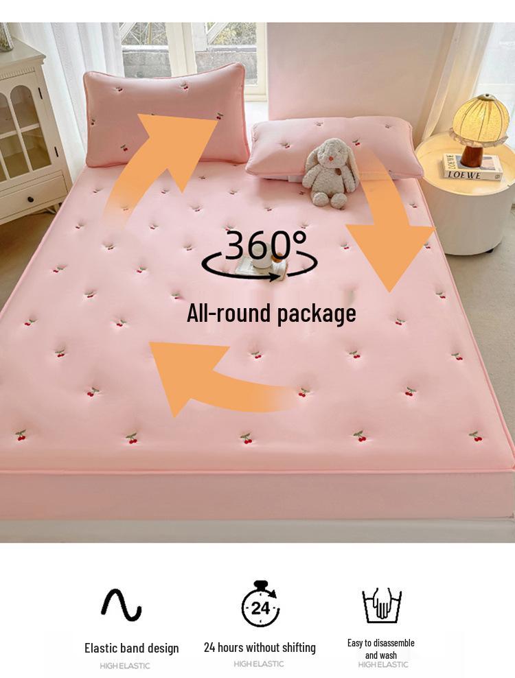 Embroidered Quilted Soybean Cotton Dustproof Non-Slip Fitted Sheet – Skin-Friendly & Soft Bed Cover