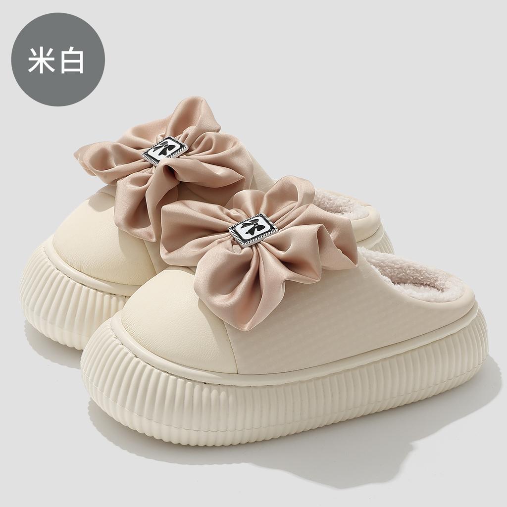 Bow Cotton Slippers Autumn and Winter Thick Bottom Non-slip Home Indoor Household Plush Warm Cotton Mop