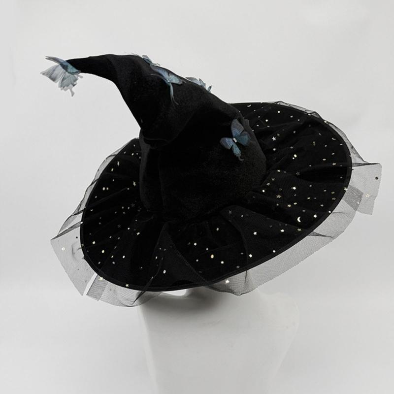 Elegant Curved Brimmed Witch Hat With 3D Butterfly Decoration Halloween Cosplay Accessory Multiple Colors