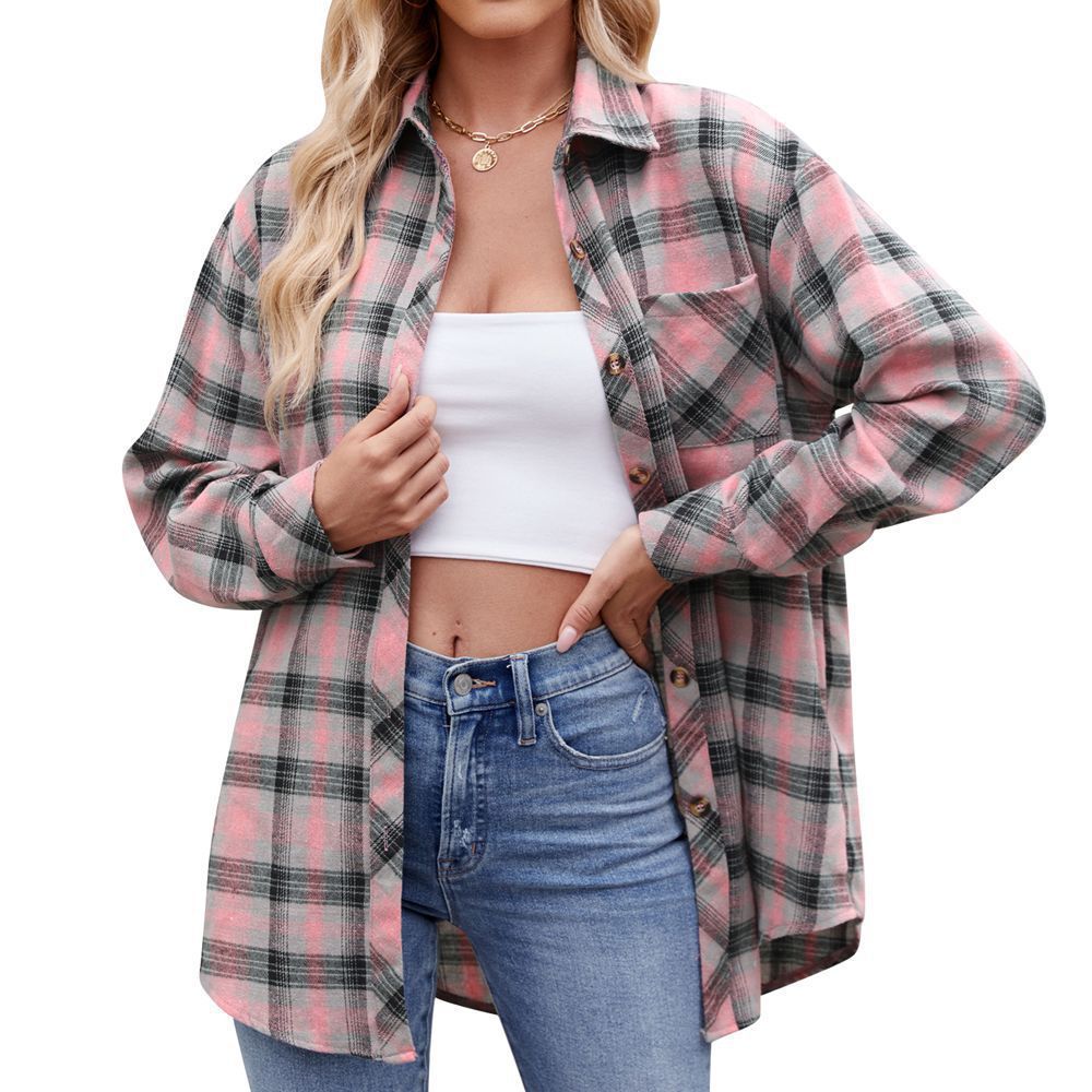 Women's Long Sleeve Plaid Shirt Turn Down Collar Streetwear Loose Fit Button Down Blouse With Pocket