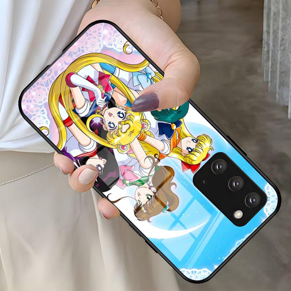 S-Sailor M-Moon Anime Phone Case For Samsung S25 S24 FE S23 S22 S21 Plus S20 Ultra Note20Ultra Black Glass Cover