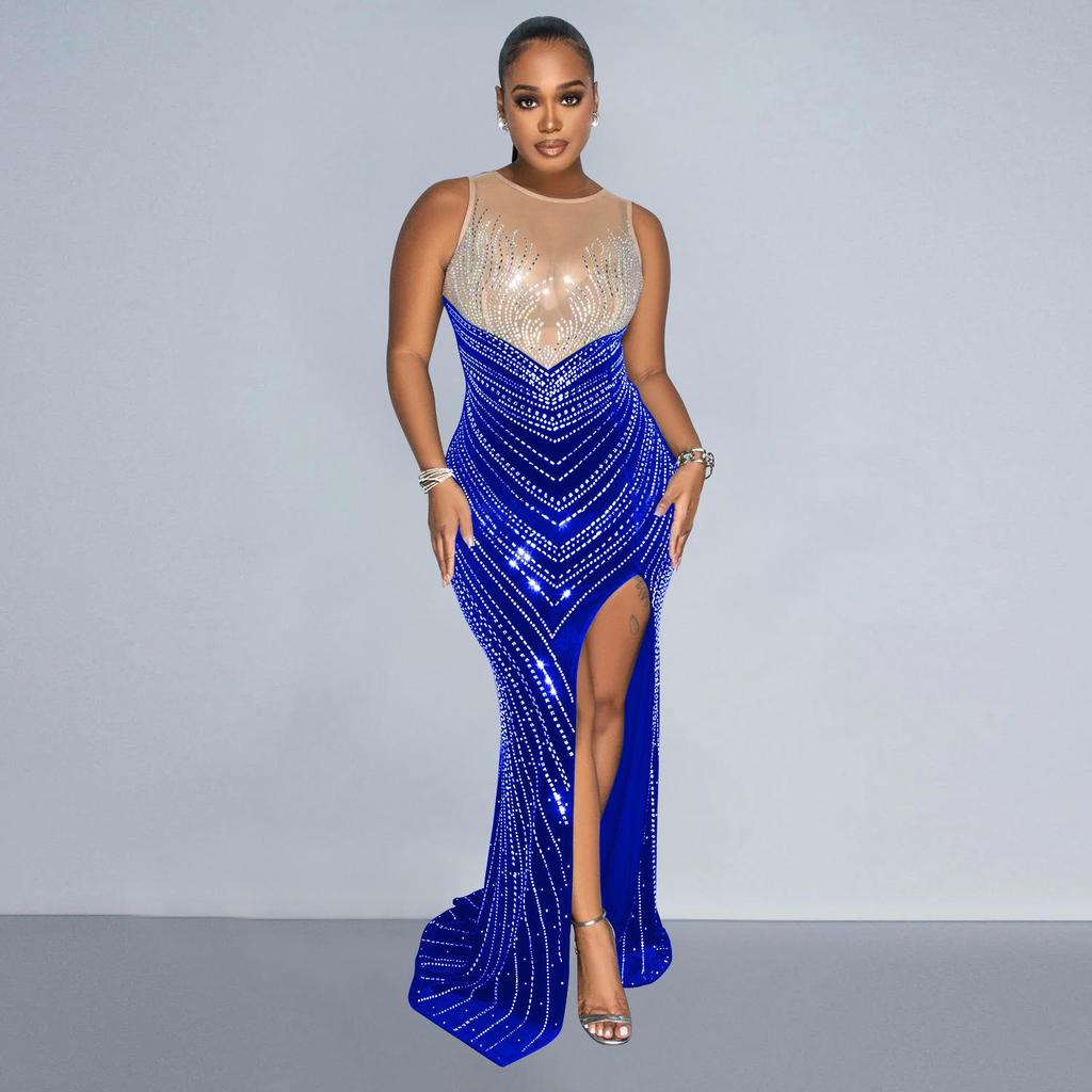 European and American Fashion Women's Sleeveless Rhinestone Round Neck Long Dress